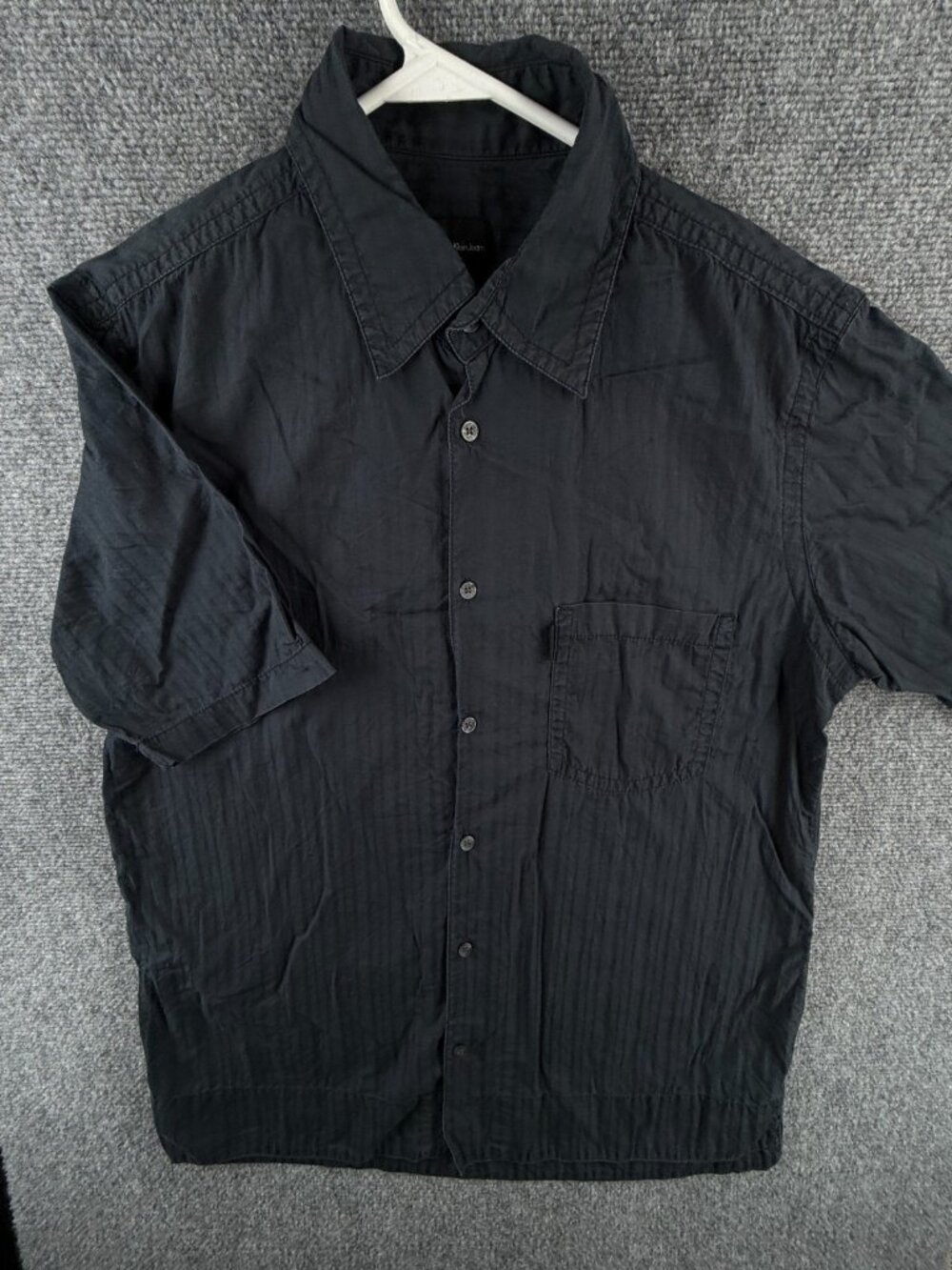 Calvin Klein Button Up Shirt Men Short Sleeve Navy Blue Striped Large Woven